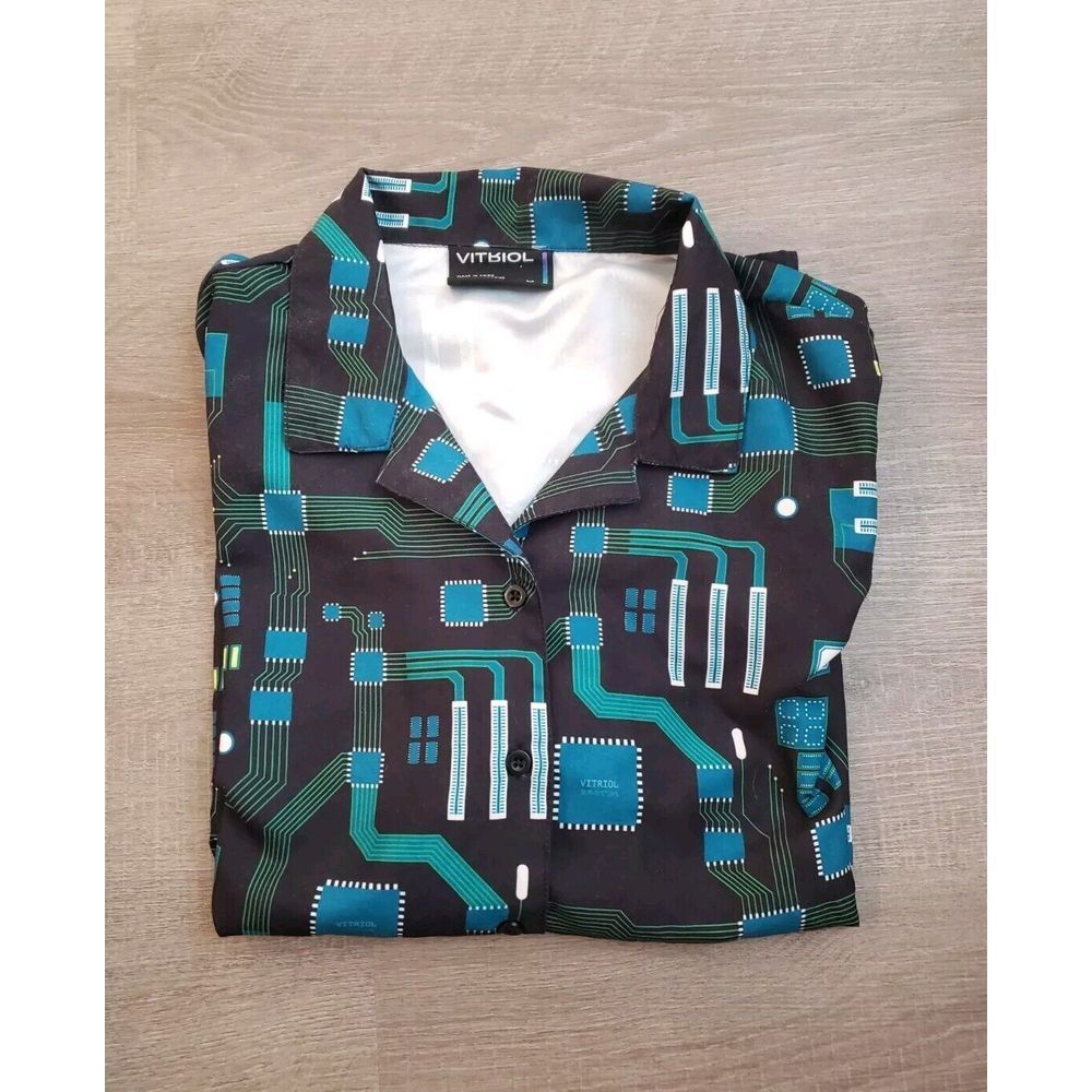 Vitriol Mens Button‎ Up Shirt Large Graphic Design, Black Teal Casual Streetwear